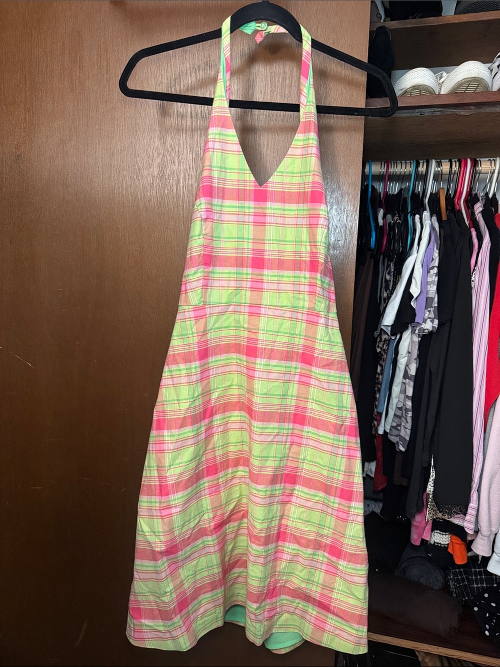 Neon Pink & Lime Plaid Halter Midi Dress